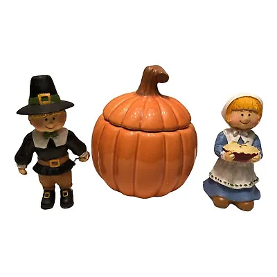 Thanksgiving Pilgrim Figures & Pumpkin Candleholder NEW Vintage 1980’s - 1990's  • $21.99