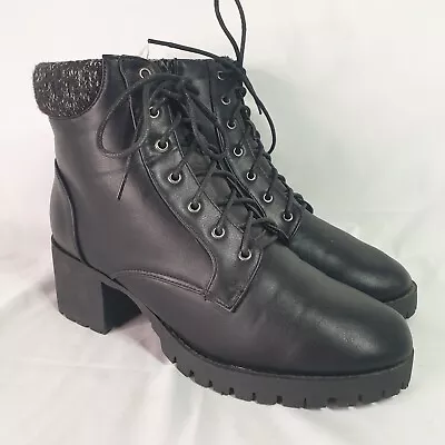 Guilty Heart Black Military Lace Up Combat Ankle Boots Block Heels UK Size 10 • £24.99