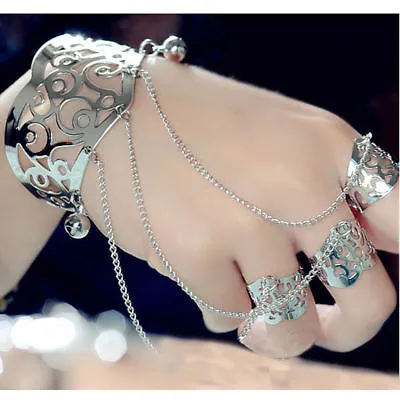 Vintage Gold Slave Chain Hand Harness Wide Finger Ring Bracelet Decoration • £4.31