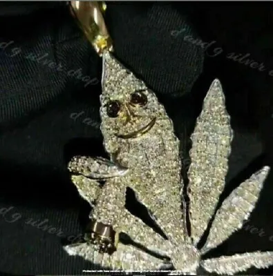 2Ct Round Cut VVS1/D Diamond Men's Marijuana Leaf Pendant 14 Yellow Gold Finish • $73.20