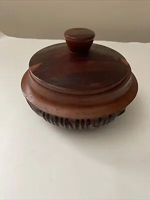 Round Wooden Bowl With Lid Hand Carved Mahogany??? Native American Carvings?8”x6 • $25