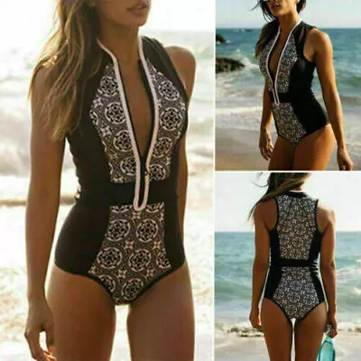 Women's Boho Zipper Up Monokini One Piece Swimwear Beachwear Swimming Costume • £16.99