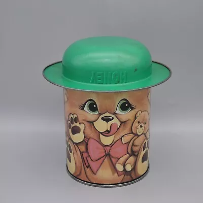 Vintage Honey Bear Litho Tin Metal Container Teddie Bear Stash Box Hat Lid 6.5  • $11.99