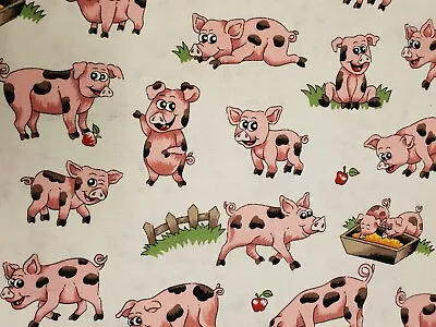 Pig & Piglet Farm Fabric UK 100% Cotton Material Metres Barn Animals Apples Gate • £7.50