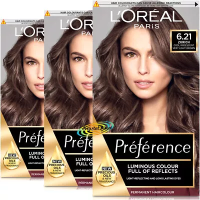 3x Loreal Preference 6.21 Zurich COOL IRIDESCENT VERY LIGHT BROWN Hair Colour • £35.99