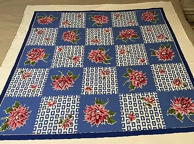 Vintage Kitchen Tablecloth 50s Cloth USA  Bright Blue & Mauve Floral STARTEX • $26.95