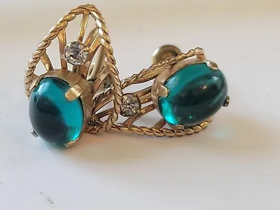 VAN DELL 12K GF Vintage Blue Green Teardrop Gold Filled Screw Earrings Free Ship • $19.54