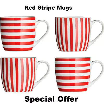 Red Stripe Mugs Set Of 4 Coffee Tea Hot Chocolate Drink Mug Cups Party Christmas • £12.99