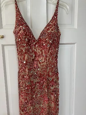 SHERRI HILL COUTURE Nude Red Pink Beaded Crystals Sz 6 Dress V Neck Gown Pageant • $3700