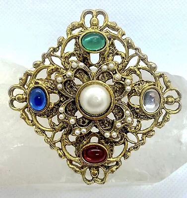 Vintage Ornate Detail Gold Tone Green Red Cabochon Seed Pearl Brooch Pin • $11.50