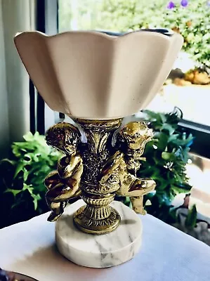 Vintage Hull White Cherub Centerpiece Compote Marble ITALY 9  MCM Regency Gold • $65