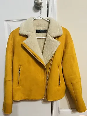$35 • Buy Zara Basics Faux Suede Shearling Moto Jacket Mustard Yellow S