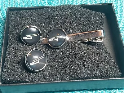 $12 • Buy Trombone Motive Set Of Cuff Links & Tie Clasp Musician Jewelry Euc 