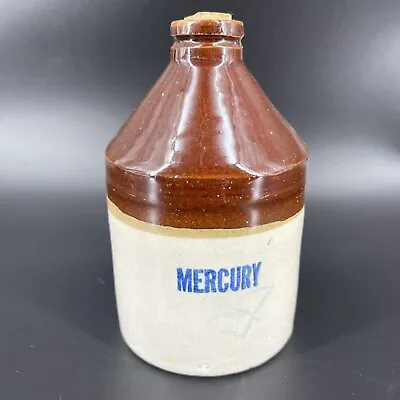 Vintage Mercury Medicine Jug Stoneware Brown White Mini Apothecary Cork Stopper • $19.99