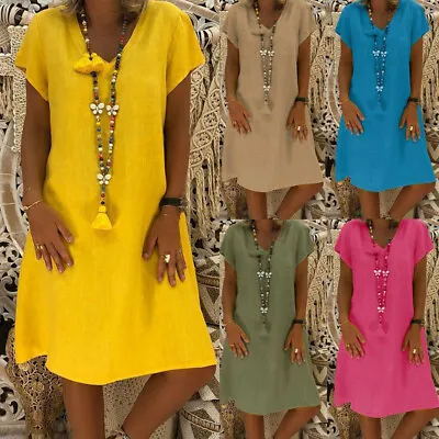 $15.39 • Buy Women Mid Length Solid Dress Cut Minimalist Short Sleeve Midi Dress V Neck .