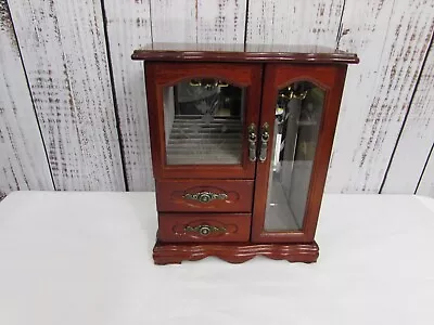 Vtg Wooden Jewelry Box Cabinet Chest Armoire Organizer Floral Etched Glass Doors • $45