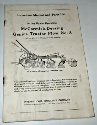 IH McCormick-Deering Genius No. 8 Tractor Plow Operators & Parts Manual 1944 IHC • $17.99