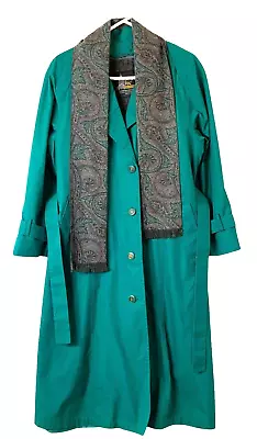 London Fog Trench Coat Zip Out Lining W/Matching Scarf Self Belted Green S10 VTG • $64.47