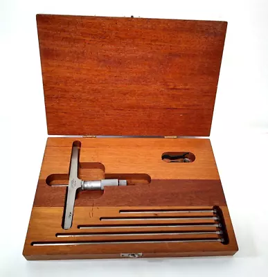 Lufkin #515 Depth Micrometer Gage W/wrench 5 Extra Rods And Wood Case Nice!! USA • $64.95