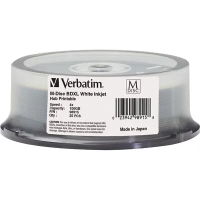 Verbatim M-Disc BD-R 100GB 4X White Inkjet/Hub Printable - 25 Pack Spindle • $273.27