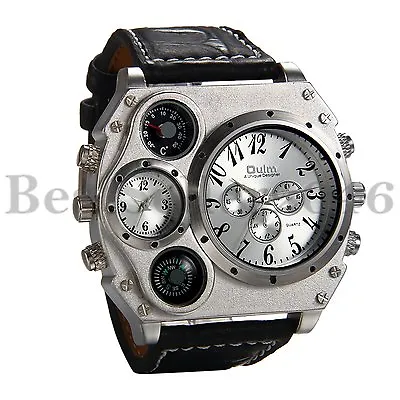 Mens Military Large Dial Black Leather Band Luxury Sport Dual Time Wrist Watch • $17.99