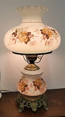 Vintage Rare 25  3-Way Hurricane Parlor Lamp Floral Glass Shade • $95