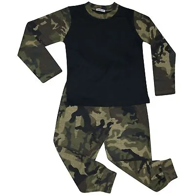 Kids Girls Boys Pjs Contrast Camouflage Green Plain Stylish Pyjamas Set 2-13 Yr • £9.99