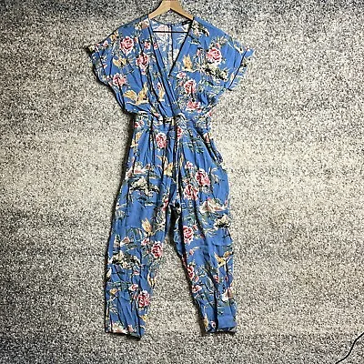 Zara Womens Blue Floral Surplice Neck Straight Leg One-Piece Jumpsuit Size Small • $14.99