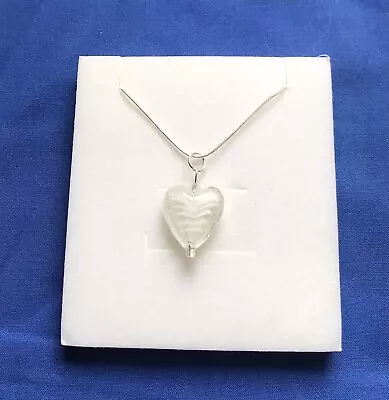 Stunning White Frosted Stripe Murano Glass Heart Pendant & 925 Silver Chain • £5.49