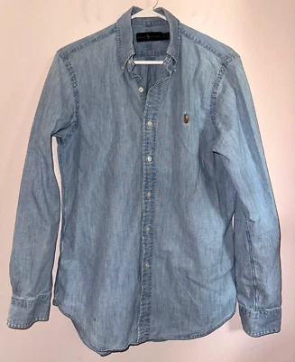 $25 • Buy Vintage RALPH LAUREN Classic Fit Indigo Blue Chambray Denim L/s Workshirt Sz S