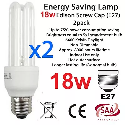 2 X 18W Daylight Energy Saving E27 Lamp Globe Night 6400 Kelvin Light Bulb WHT • $14