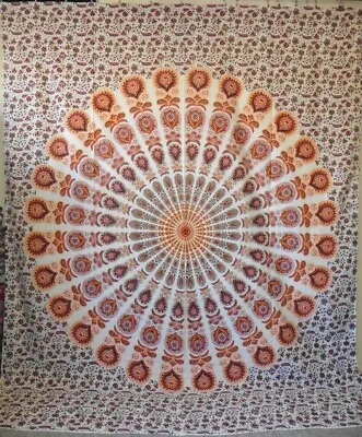 Hippie Mandala Floral Paisley Print Throw White Dark Red Brown Orange 200x235cm • £14.99