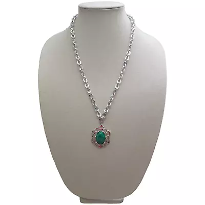 Vintage 1974 Sarah Coventry Flattery Necklace Green Cabochon Silver Tone • $14.21