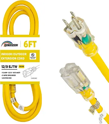 6FT 12/3 Lighted Outdoor Extension Cord - 12 Gauge SJTW Heavy Duty Yellow Extens • $12.90