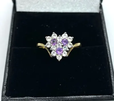 Vintage 9CT Gold Amethyst & Rock Crystal Daisy Cluster Ring  - Size L1/2 • $242.38