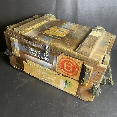 Old British Wooden Ammo Crate EMPTY 9mm Cargo Box Rustic 1960s Rope Handles • $160