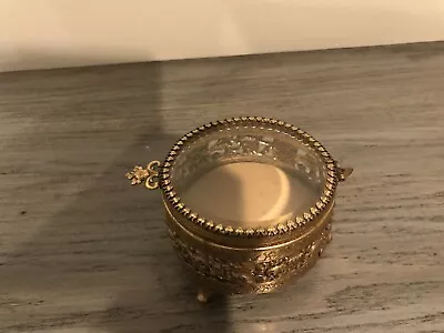 Vintage Gold And Clear Glass Jewelry Or Trinket Box Hinged Three Legs • $27.20