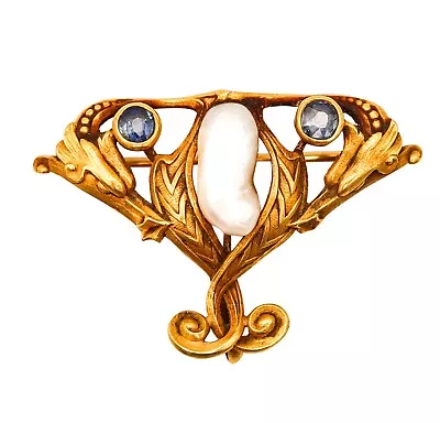 Art Nouveau 1890 Brooch In 14Kt Gold Montana Sapphires And Mississippi Pearl • $3985