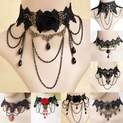 Women Black Lace Choker Necklace Collar Bib Gothic Punk Victorian Steampunk Acc • $2.89