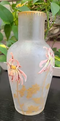 Signed Mont Joye French Cameo Art Glass Vase. Frosted With Enamel Floral Decor  • $825