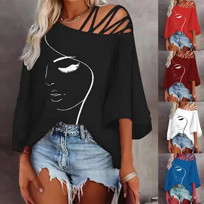 £12.19 • Buy UK Womens Cold Shoulder Tops Summer T-Shirt Ladies Printed Casual Baggy Blouse