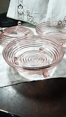 Anchor Hocking Manhattan Ribbed Pink 3 Footed 6 1/2  Bowl Depression Glass • $12.85