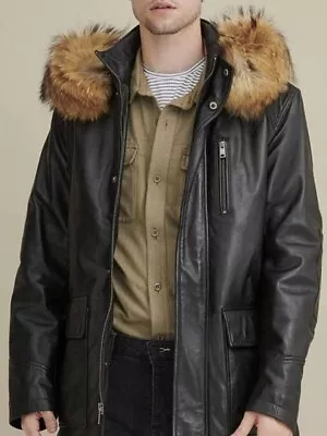 Handmade Genuine Black Leather Jasper Parka Coat With Removable Fur Hood For Men • £135