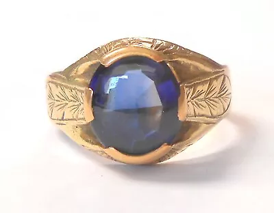 Beautiful Men's 14K Yellow Gold Etched Ring Cabochon Blue Sapphire Type Stone  • $599