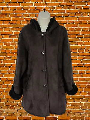 Women Gabriella Vicenza Uk 14 Brown Faux Sheepskin Fur Suede Hood Jacket Coat • £16.99
