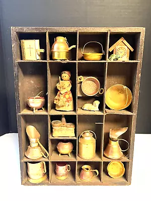 Vintage Wood Shadow Box Display Shelf With Miniature Copper & Brass Pots & Pans • $12
