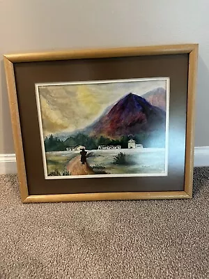 Watercolor Framed Wall Art Oak Frame Guatemalan Mountains Santiago Atitlan • $25