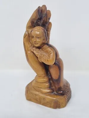 Carved Olive Wood Figure Child In Hand Of God Holy Land Isiah Vintage Bethlehem • £8.99
