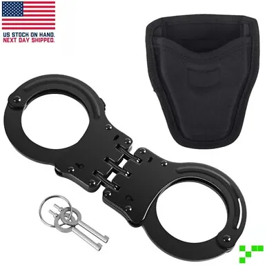 Professional Double Lock Black Steel Hinged Police Handcuffs W/ Keys + Case NEW • $19.95