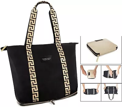 Versace Folding Tote Bag Black Gold Greca Handbag Travel Case Large Packable New • $44.94